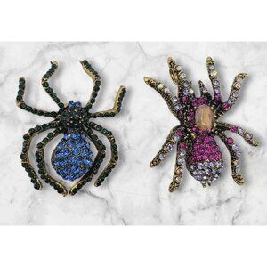 Spider Brooches Lot Of 2 Pinks Blues Rhinestones Antique Gold Look Halloween Fal
